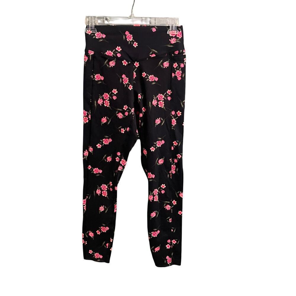 PINK Ultimate Black Pink Floral Print Leggings Size Small Pockets